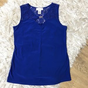 Emma & Olive Royal Blue Gold Pearl Accent Lace Top